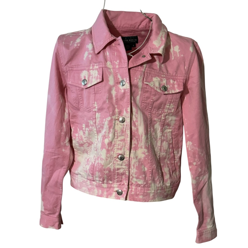 Lauren Ralph Lauren Pink Bleach Tie Dye Denim Trucker Jacket Small 100% Cotton
